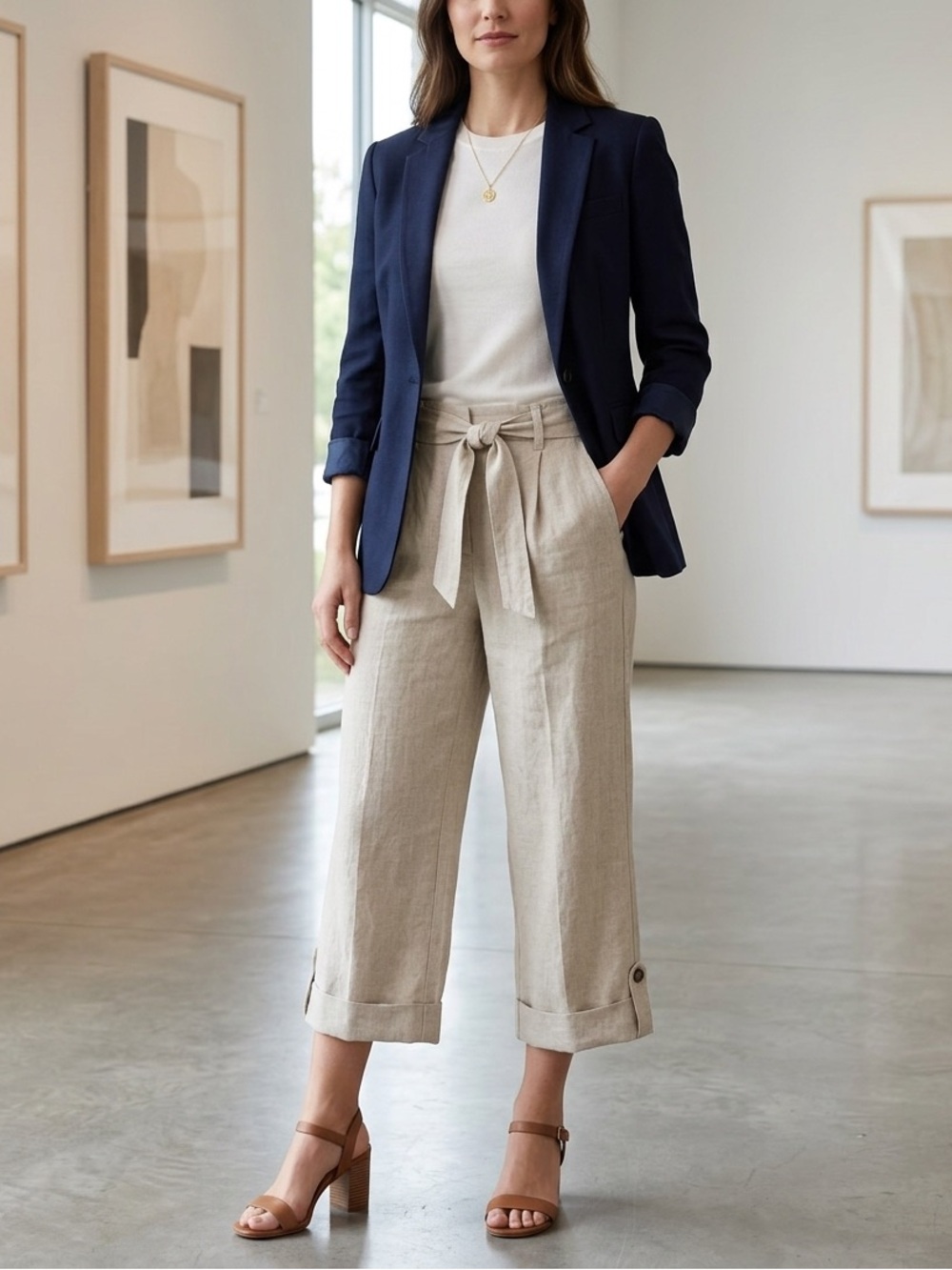 J. Crew Linen Tie-Waist Cropped Wide-Leg Pants - Beige
